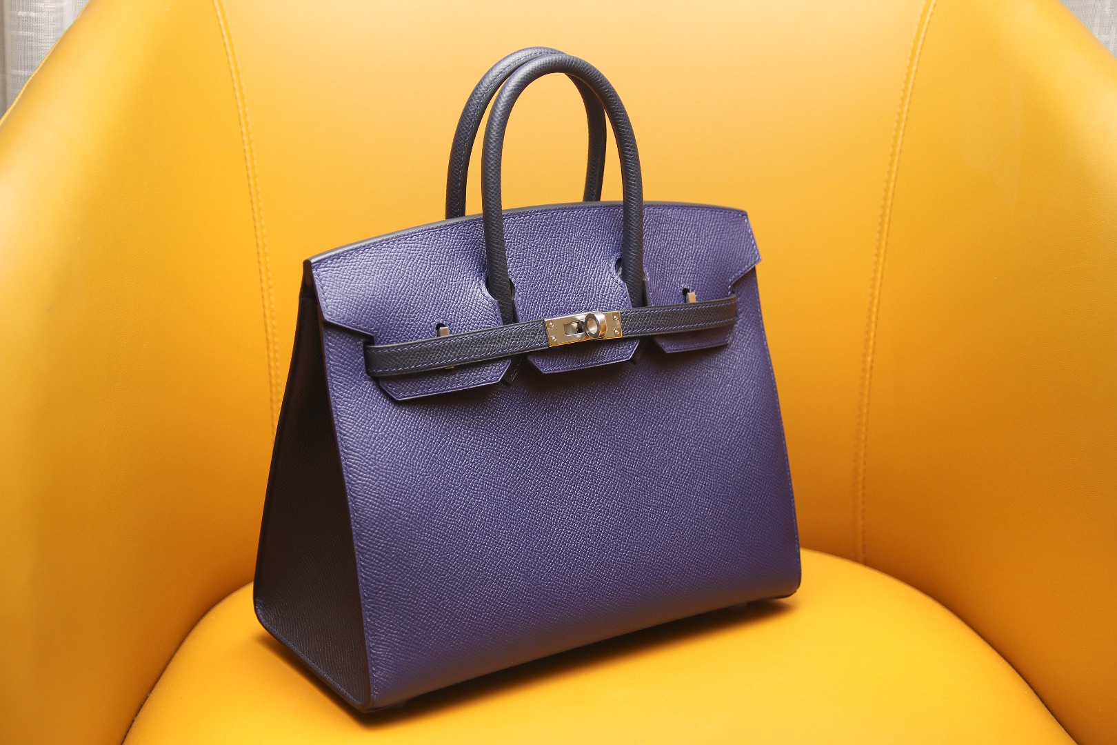 Birkin25 outer seam gemstone blue with midnight blue EPSOM silver buckle