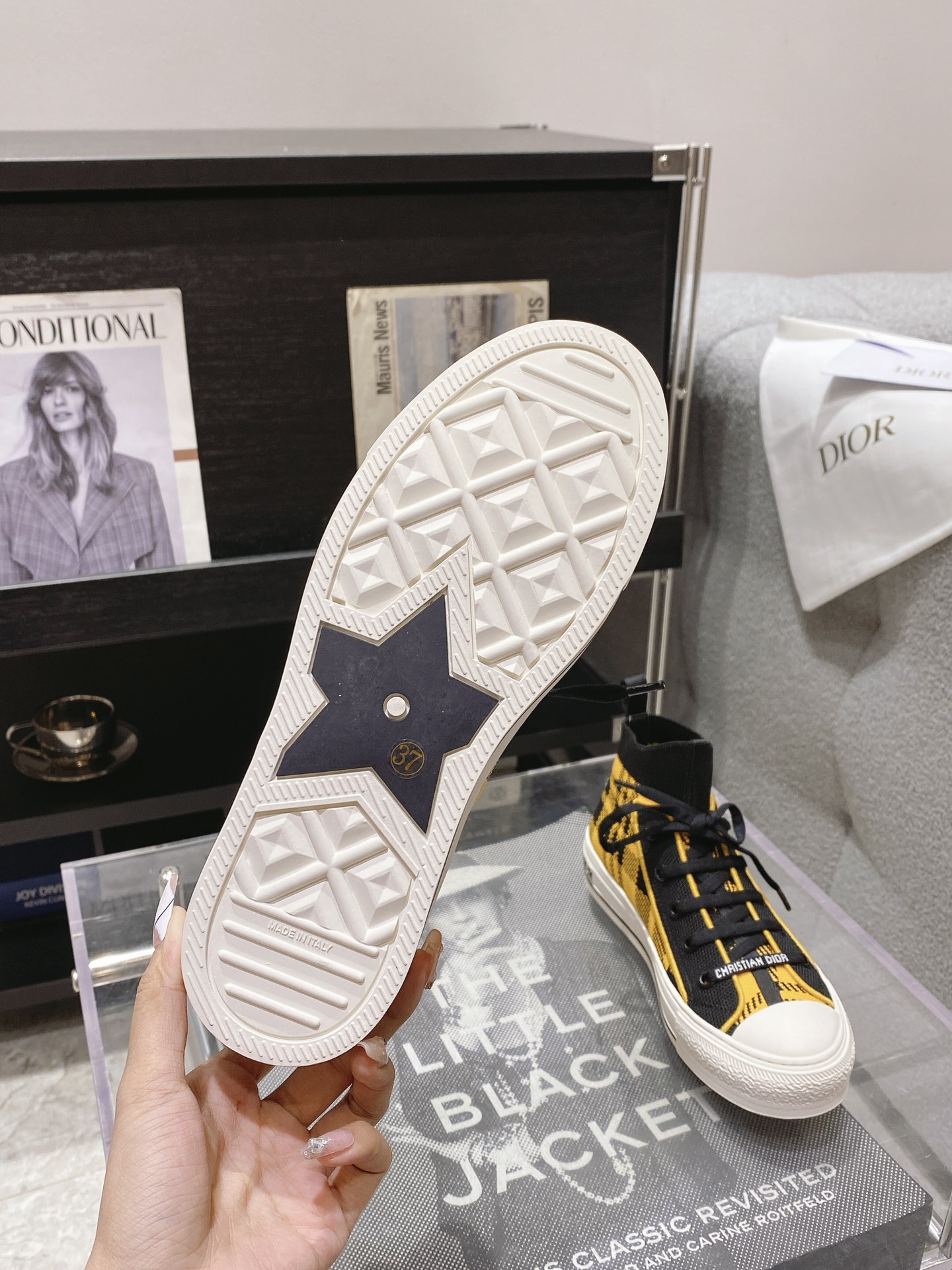 DIOR Rattan Check Casual High Top Board Shoes Fashion Board Shoes Yellow Black