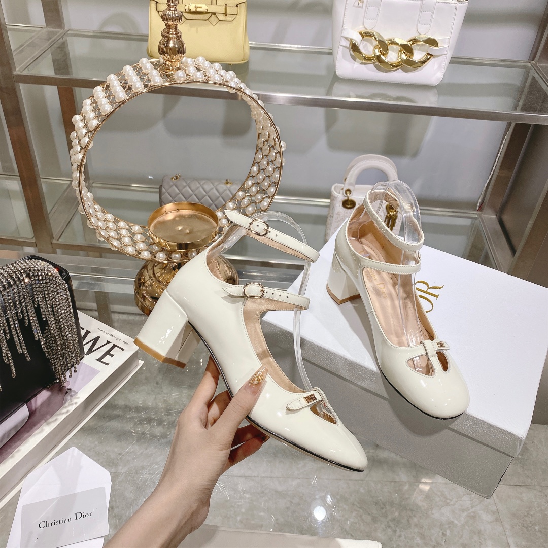 DIOR Retro Fashion Cutout Double Buckle Chunky Heel Mary Janes 6.5cm Beige