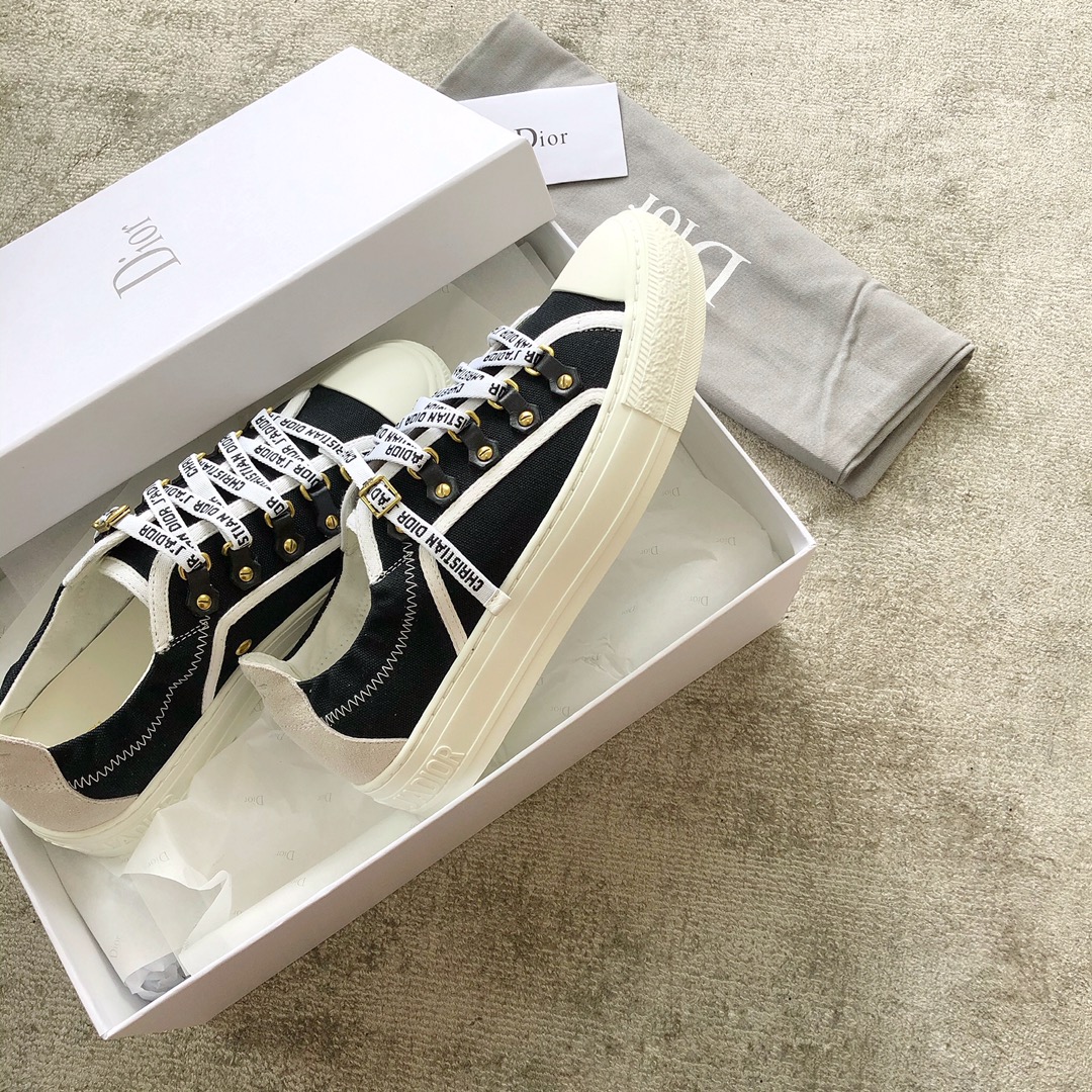 DIOR Black Canvas Shoes Stamped Heel Two Wear Letter Lace Up Sheepskin Padded Toe