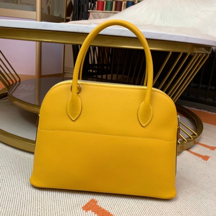 Bolide 27cm Imported original Epsom leather Semi hand waxed stitching Amber yellow Silver buckle