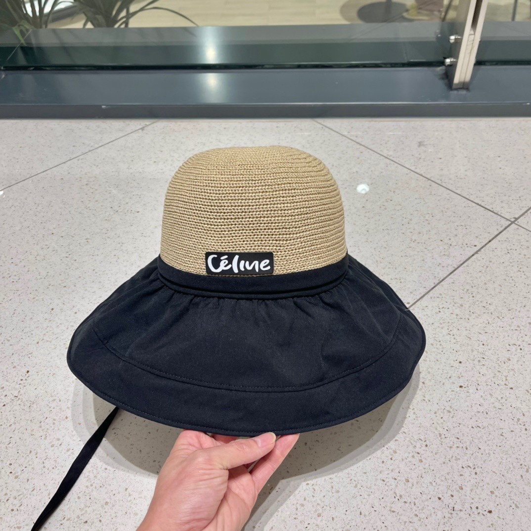 Celine summer new splicing large eaves sunshade fisherman hat outdoor sunscreen ice silk basin hat women