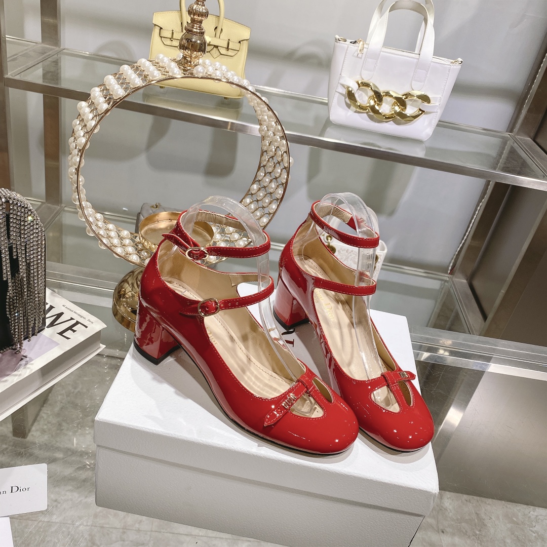 DIOR Retro Fashion Cutout Double Buckle Chunky Heel Mary Janes 6.5cm Big Red