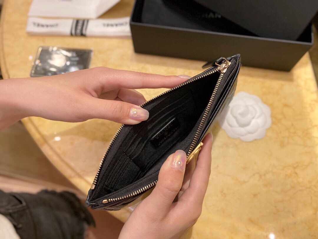 𝗖𝗛𝗔𝗘𝗡𝗟✦ Imported channel special fine grain embossed calfskin 🐂 Leboy Collection Zipper Clutch | Classic Black Gold 👑