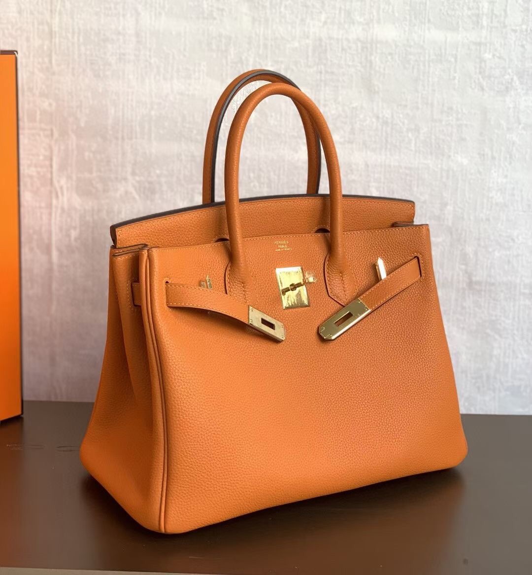 Birkin 30cm orange gold buckle Imported Togo leather Beeswax thread stitching