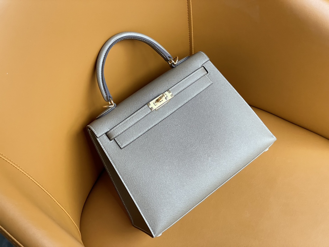 Kelly25 elephant gray epsom leather gold buckle