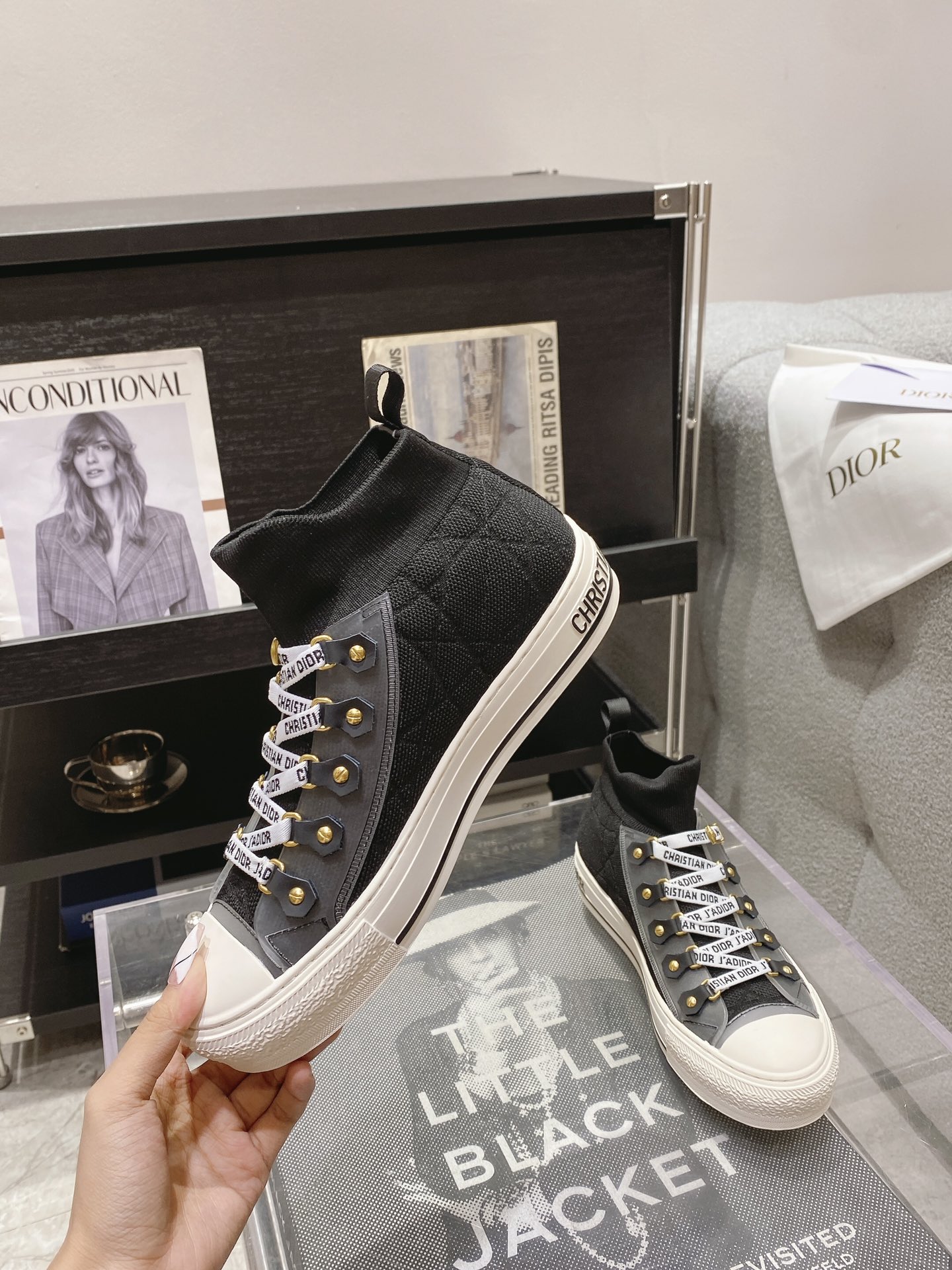 DIOR rattan plaid casual high top shoes fashion board shoes women black