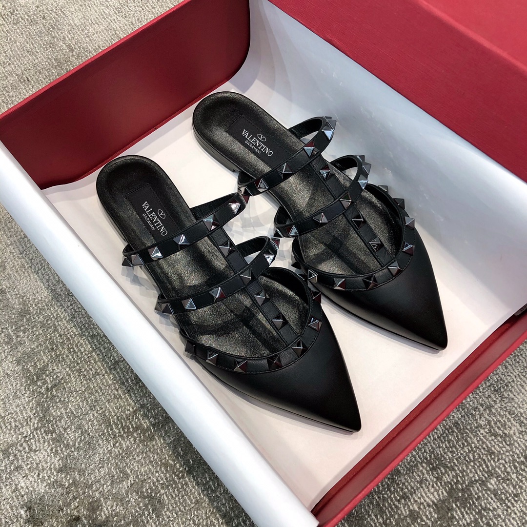 Valentino VT Collection Three Strap Flat Heel Slipper All Black