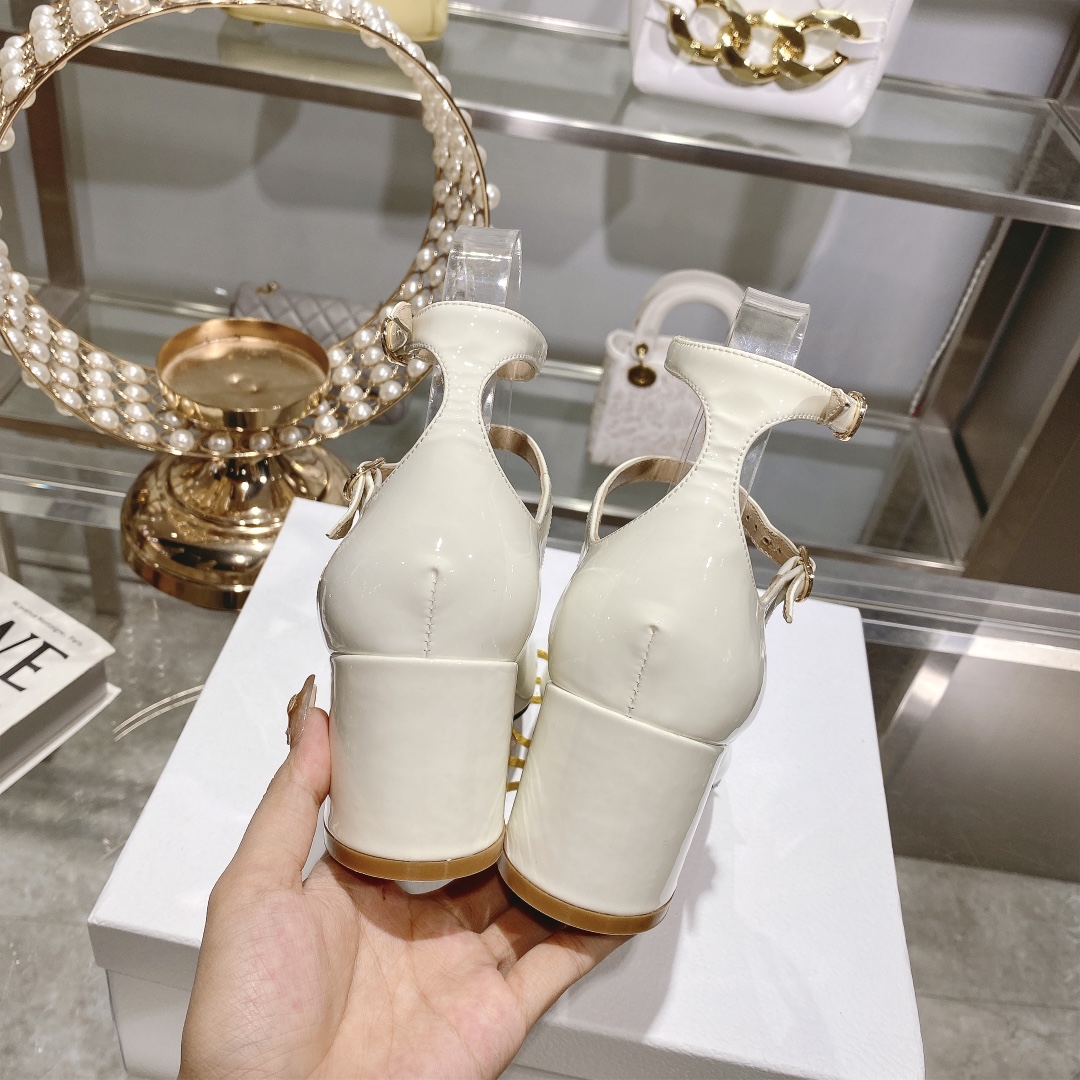 DIOR Retro Fashion Cutout Double Buckle Chunky Heel Mary Janes 6.5cm Beige