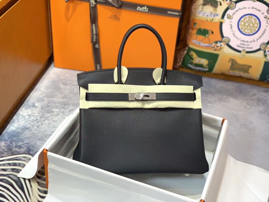 Birkin 30cm Black Silver buckle Imported Togo leather Beeswax thread stitching
