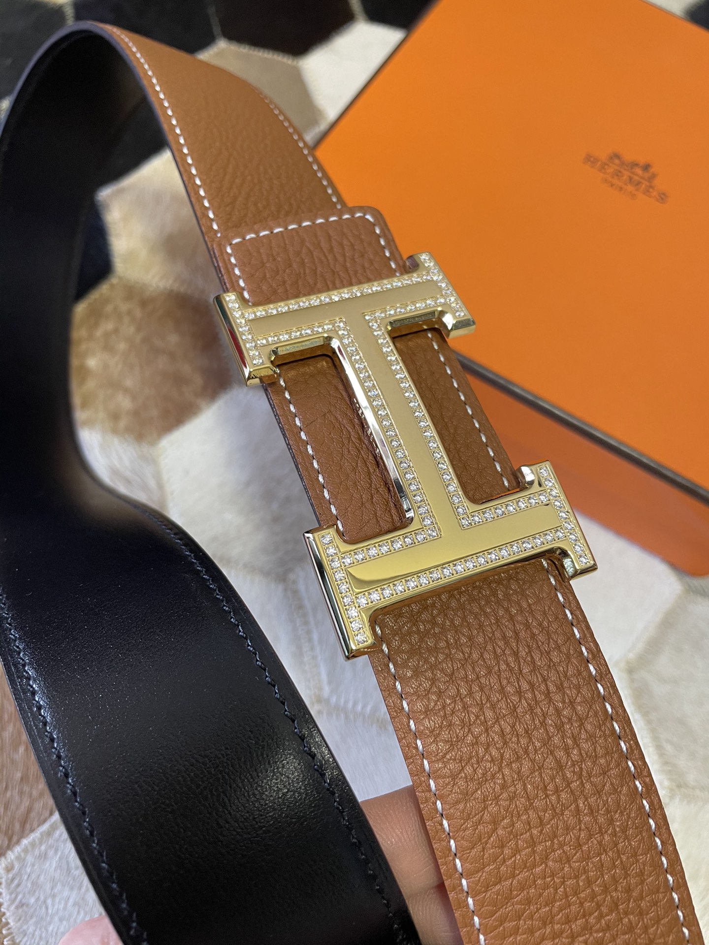 Hermes stainless steel double row diamond hanging buckle