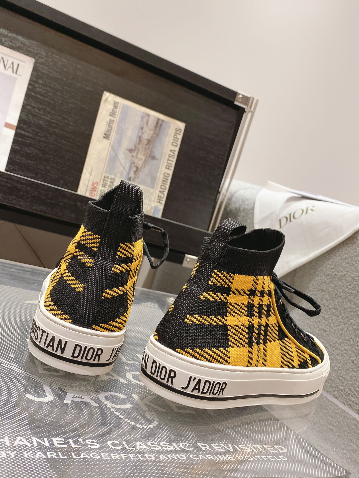 DIOR Rattan Check Casual High Top Board Shoes Fashion Board Shoes Yellow Black