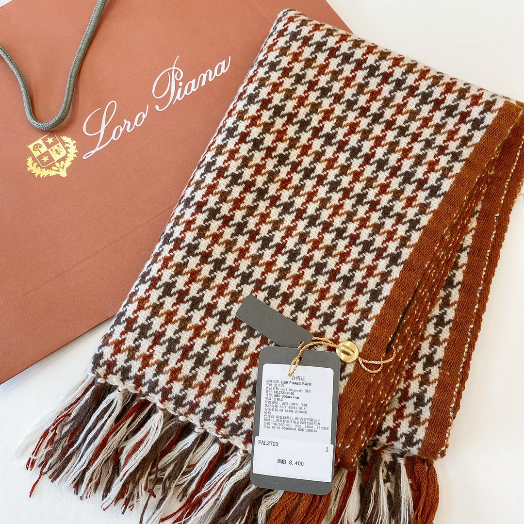 Loro piano houndstooth knitted cashmere scarf brown