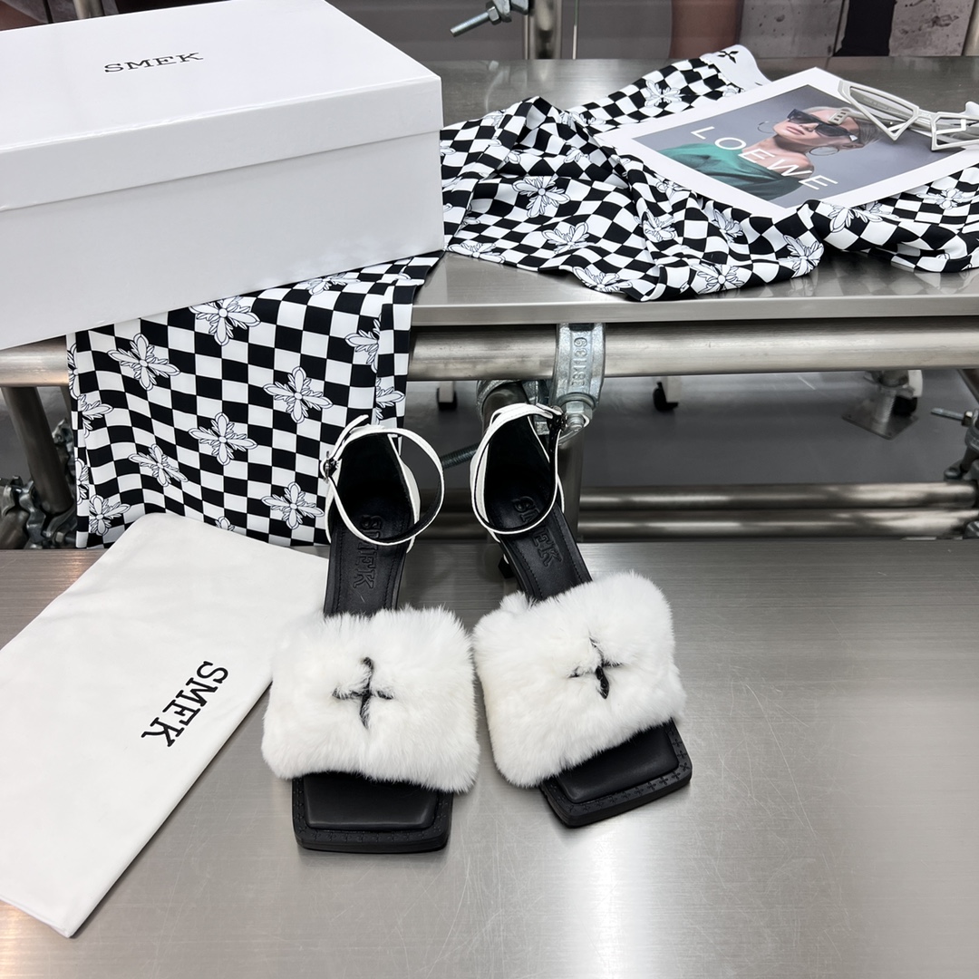 𝐒𝐌𝐅𝐊 ｜𝟐𝟎𝟐𝟐/𝐒𝐒 𝐧𝐞𝐰 SMFK 2022 Cross Flower First One Strap Thin Heel Cross Otter Rabbit Fur Sandals