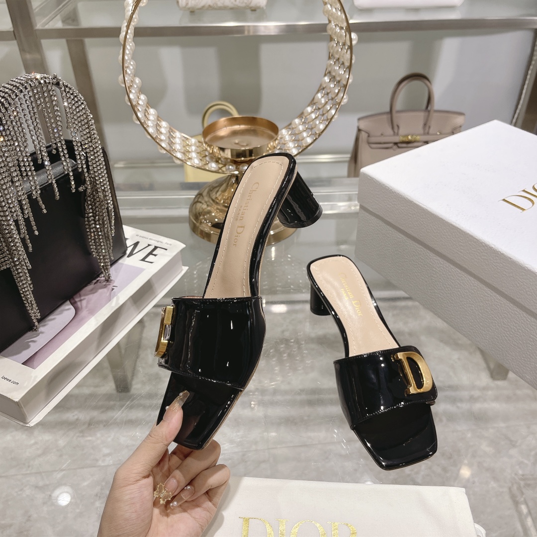 DIOR 2023 New early spring sandals Imported cow patent leather ➕ Korean suede Sheepskin lining 4.5cm Black
