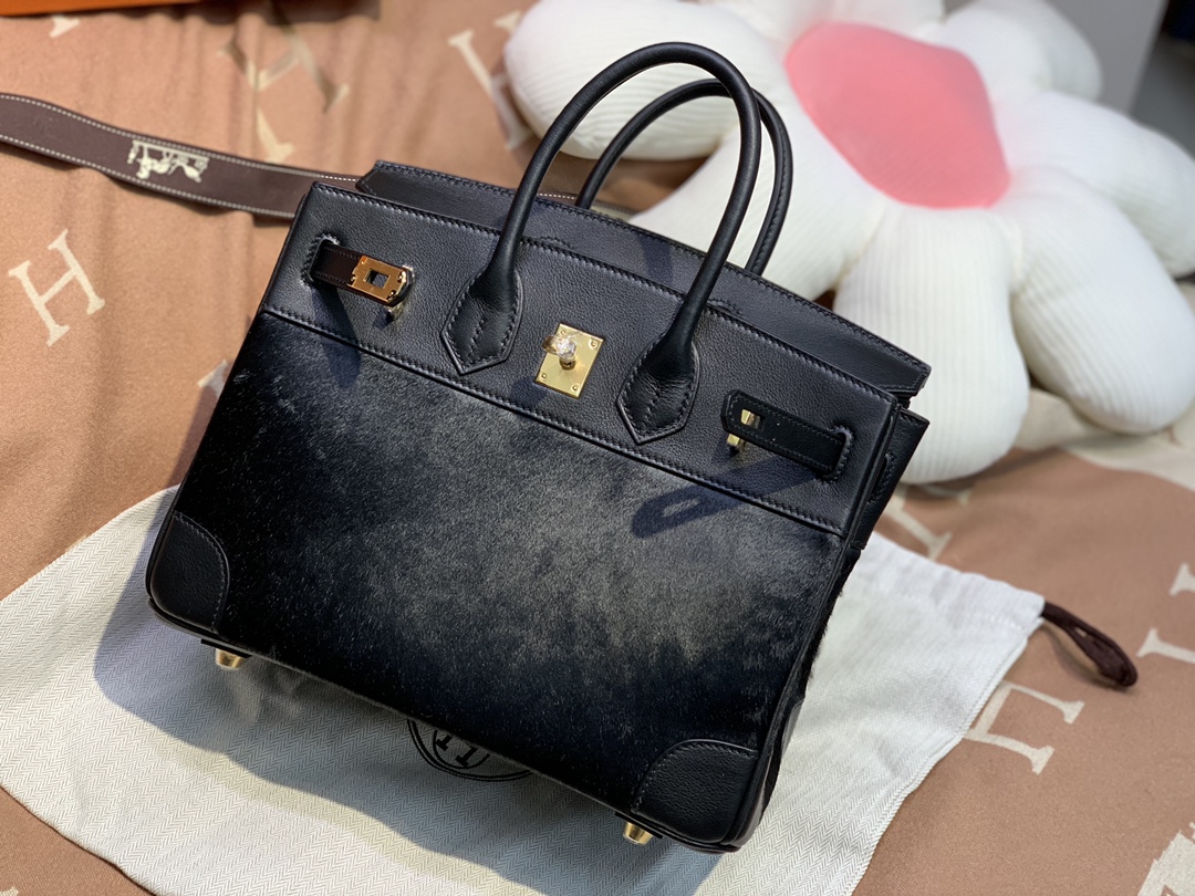 birkin25cm Imported fetal cow hair ➕ Black swift Full handmade gold buckle