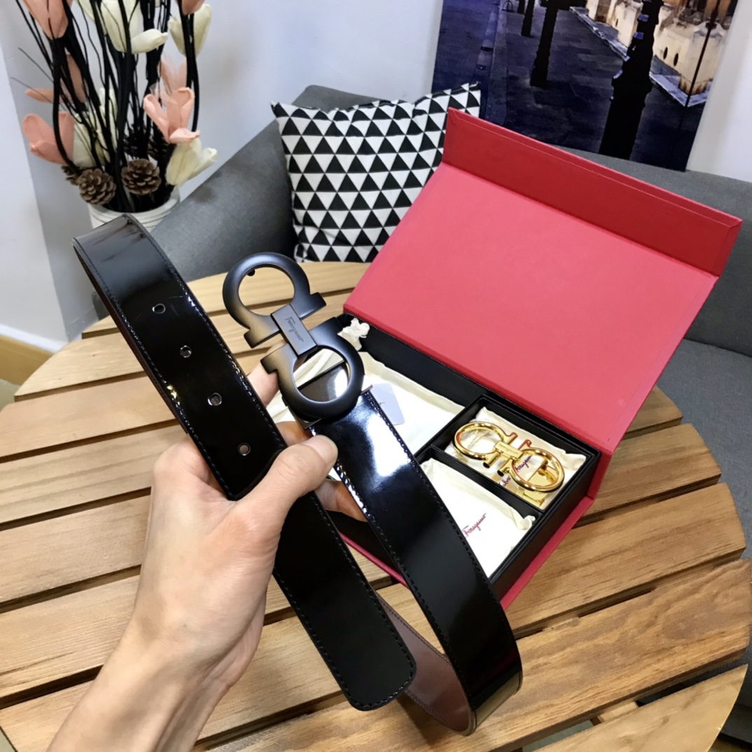 FERRAGAMO high-gloss series, double-button gift box, dual-purpose belt, high-quality pure copper buckle