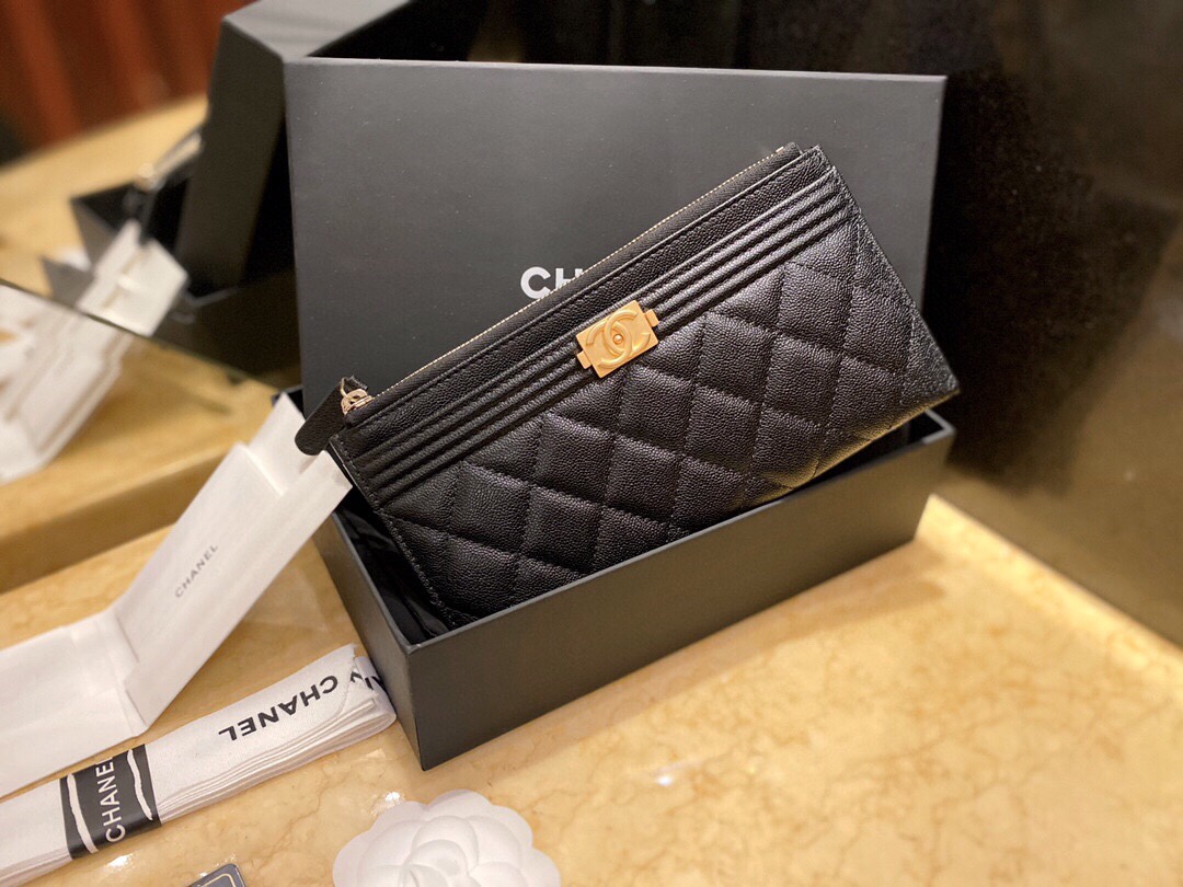 𝗖𝗛𝗔𝗘𝗡𝗟✦ Imported channel special fine grain embossed calfskin 🐂 Leboy Collection Zipper Clutch | Classic Black Gold 👑