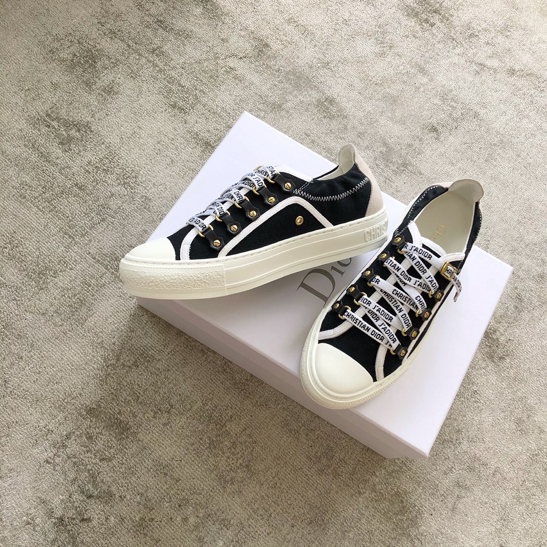 DIOR Black Canvas Shoes Stamped Heel Two Wear Letter Lace Up Sheepskin Padded Toe