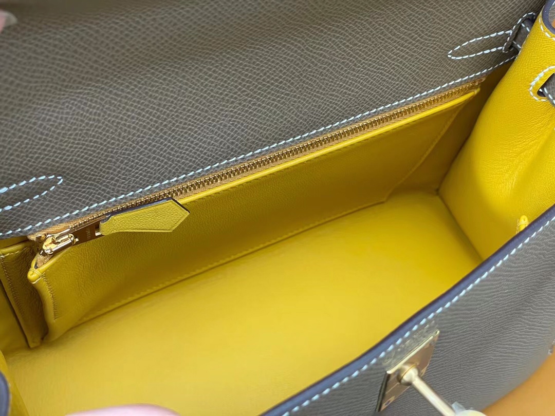 Kelly25 Elephant gray epsom leather with amber yellow inside and frosted gold buckle