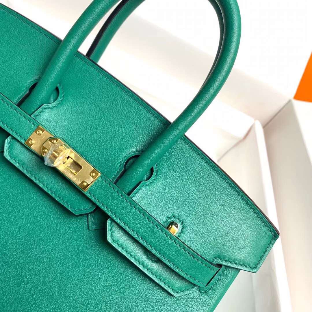 Birkin 25cm u4 velvet green gold buckle silver buckle Original swift calfskin top craftsmanship beeswax thread handmade