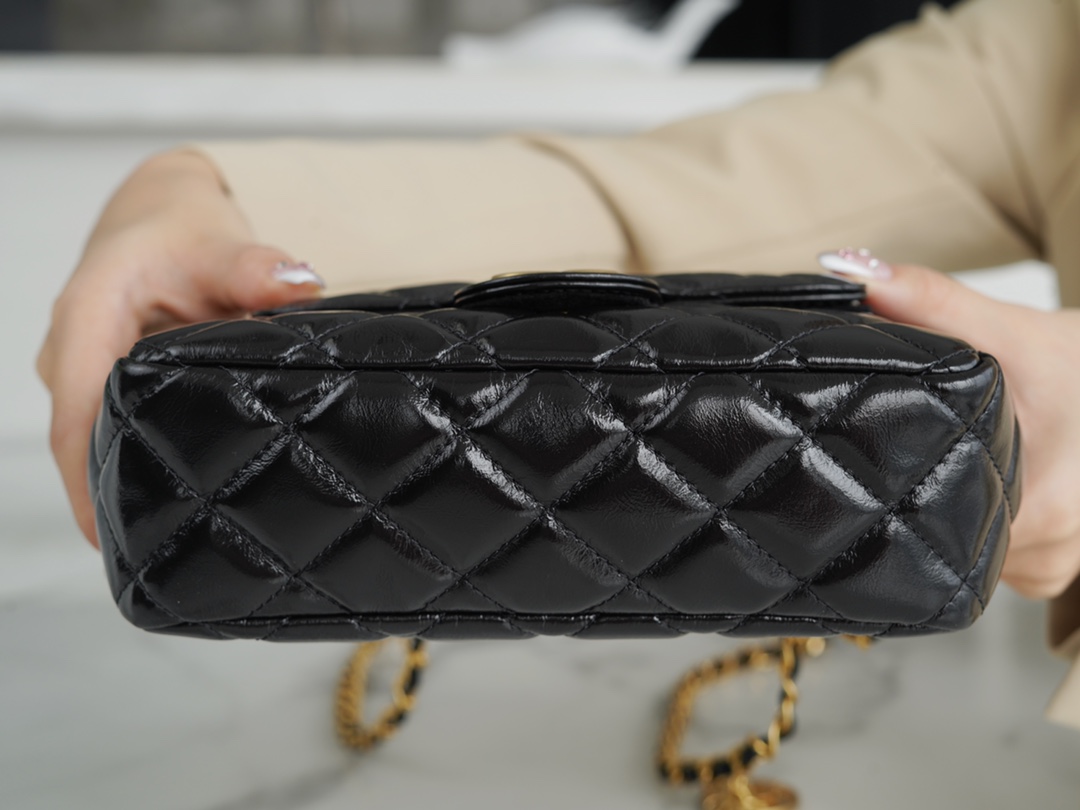 𝗖𝗛𝗔𝗡𝗘𝗟✦23𝑪 Early Spring Resort Collection Bright crinkled calfskin with gold metal Wave bag Black Small