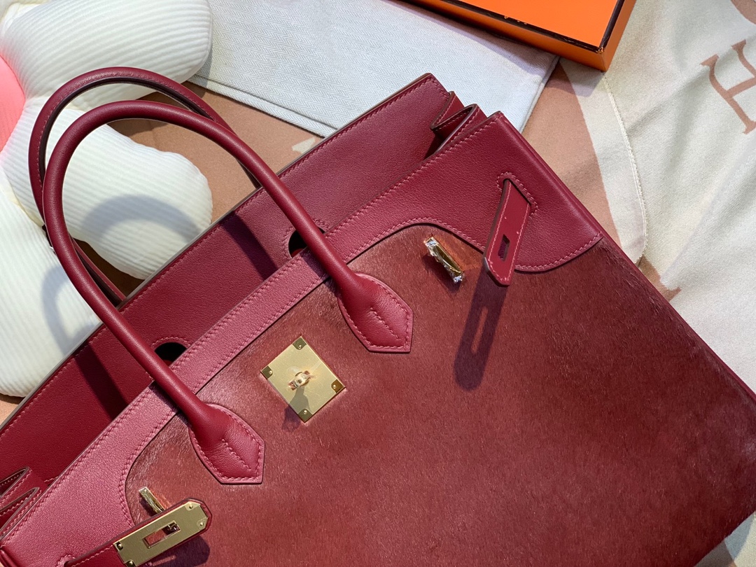 birkin30/25 burgundy imported fetal cow hair spelling swift all handmade gold buckle
