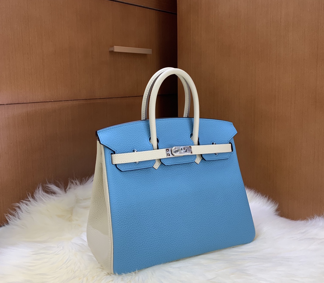 Birkin 25cm togo leather Northern blue ➕ milkshake white Silver buckle
