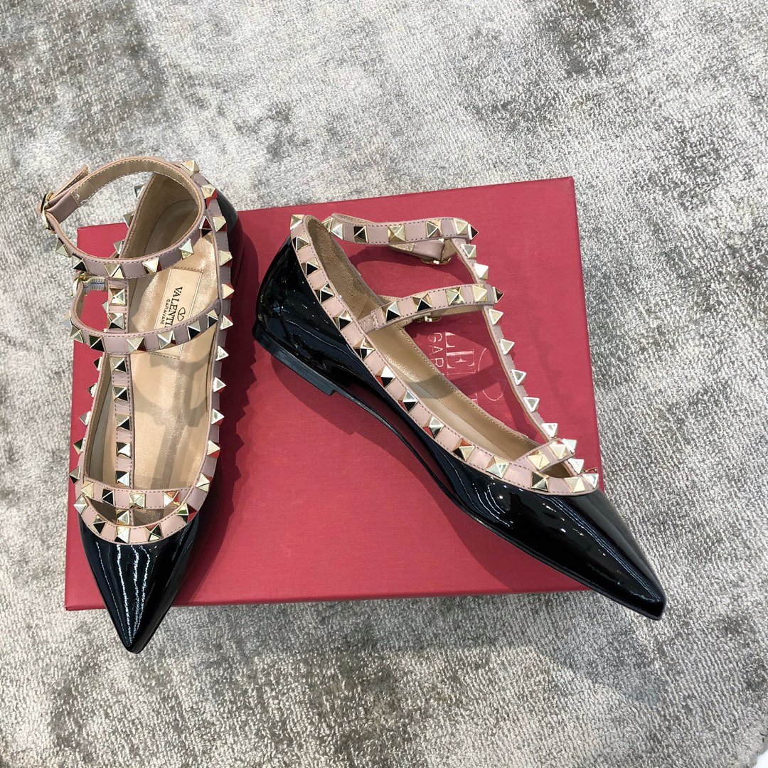 Valentino VT Collection Two Strap Flats Patent Leather Black