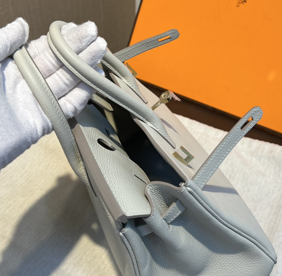 Birkin 25cm original imported Togo calfskin glacier white gold and silver buckle all handmade beeswax thread stitching