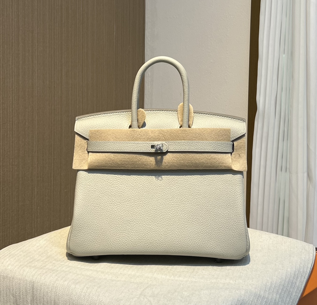 Birkin 25cm original imported Togo calfskin glacier white gold and silver buckle all handmade beeswax thread stitching