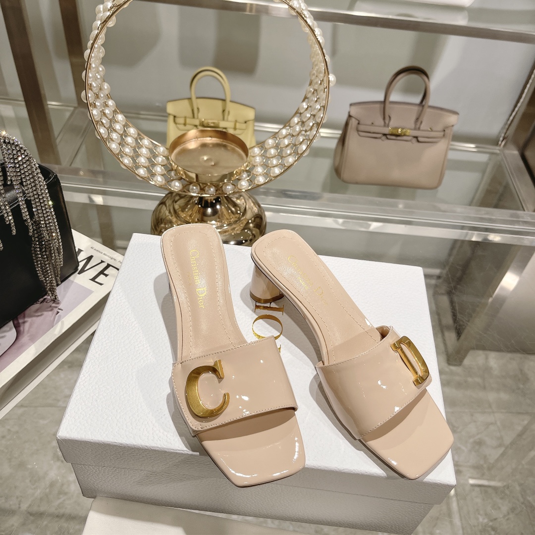 DIOR 2023 New early spring sandals Imported cow patent leather ➕ Korean suede Sheepskin lining 4.5cm Apricot