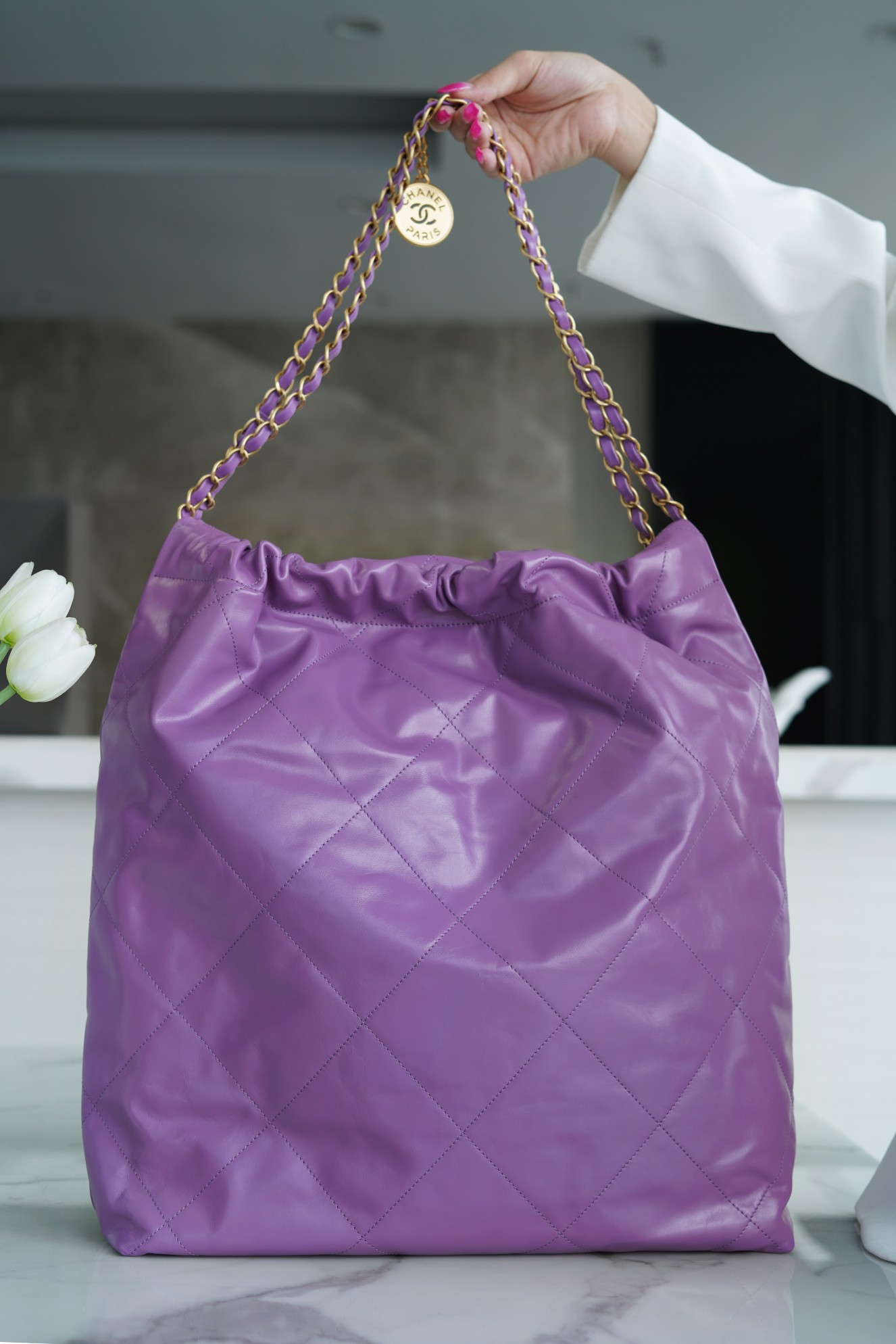 𝗖𝗛𝗔𝗘𝗡𝗟✦𝟐𝟐𝗣Spring/Summer New 𝟐𝟐Handbag Genuine Tail Leather Large Purple