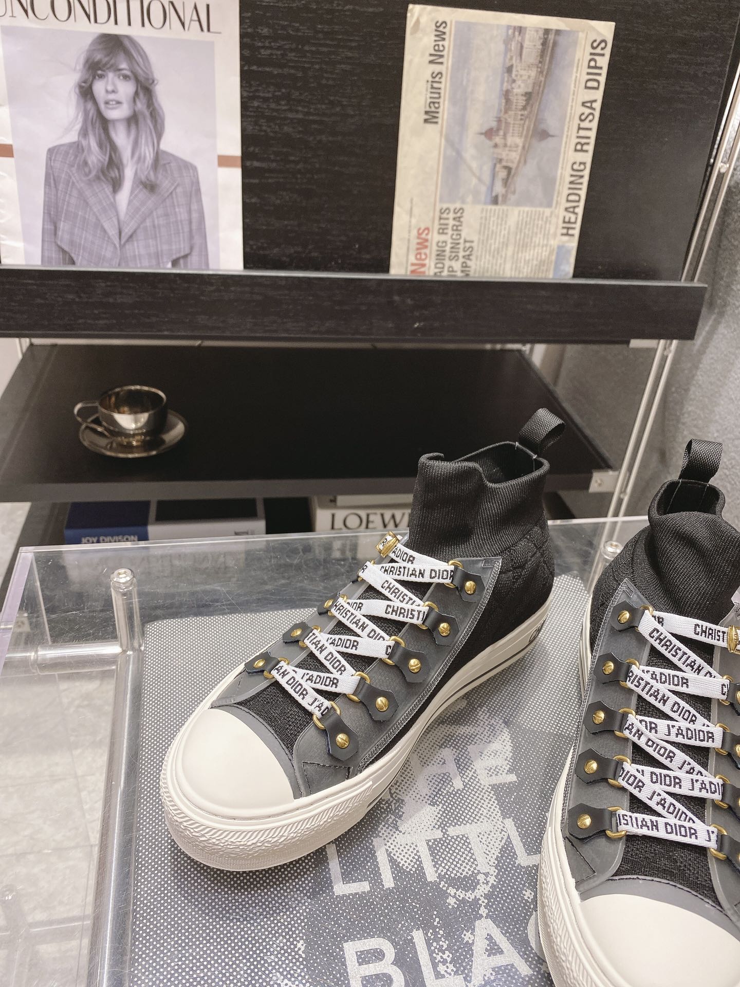 DIOR rattan plaid casual high top shoes fashion board shoes women black