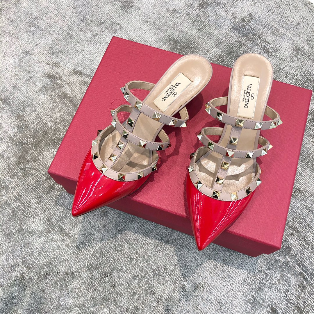 Valentino VT Collection Triple Strap Mid Heel Slipper 6.5CM Patent Leather Red