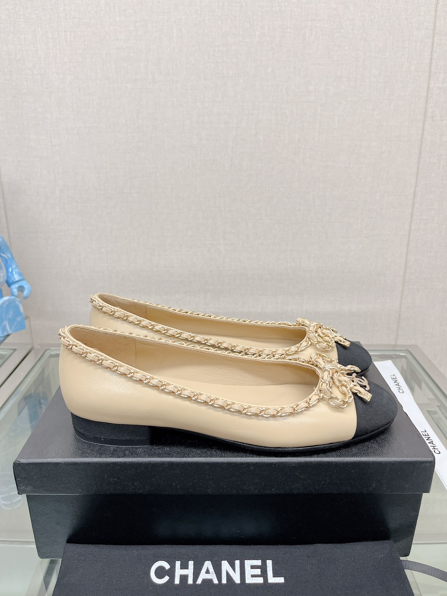 CHANEL 23Ss chain bow flat single shoes imported lambskin sheepskin lining