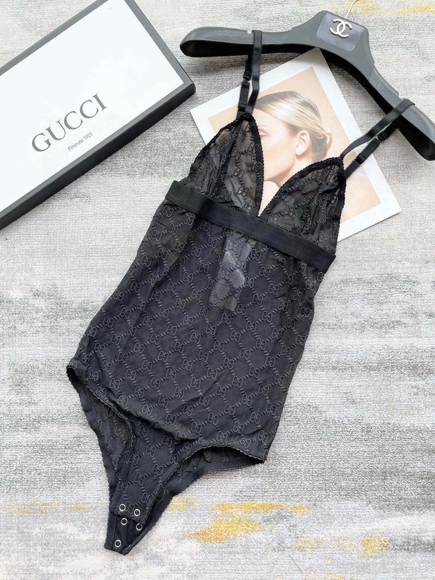 Gucci Letter Embroidered Mesh Camisole Semi-Sheer Sexy Swimsuit