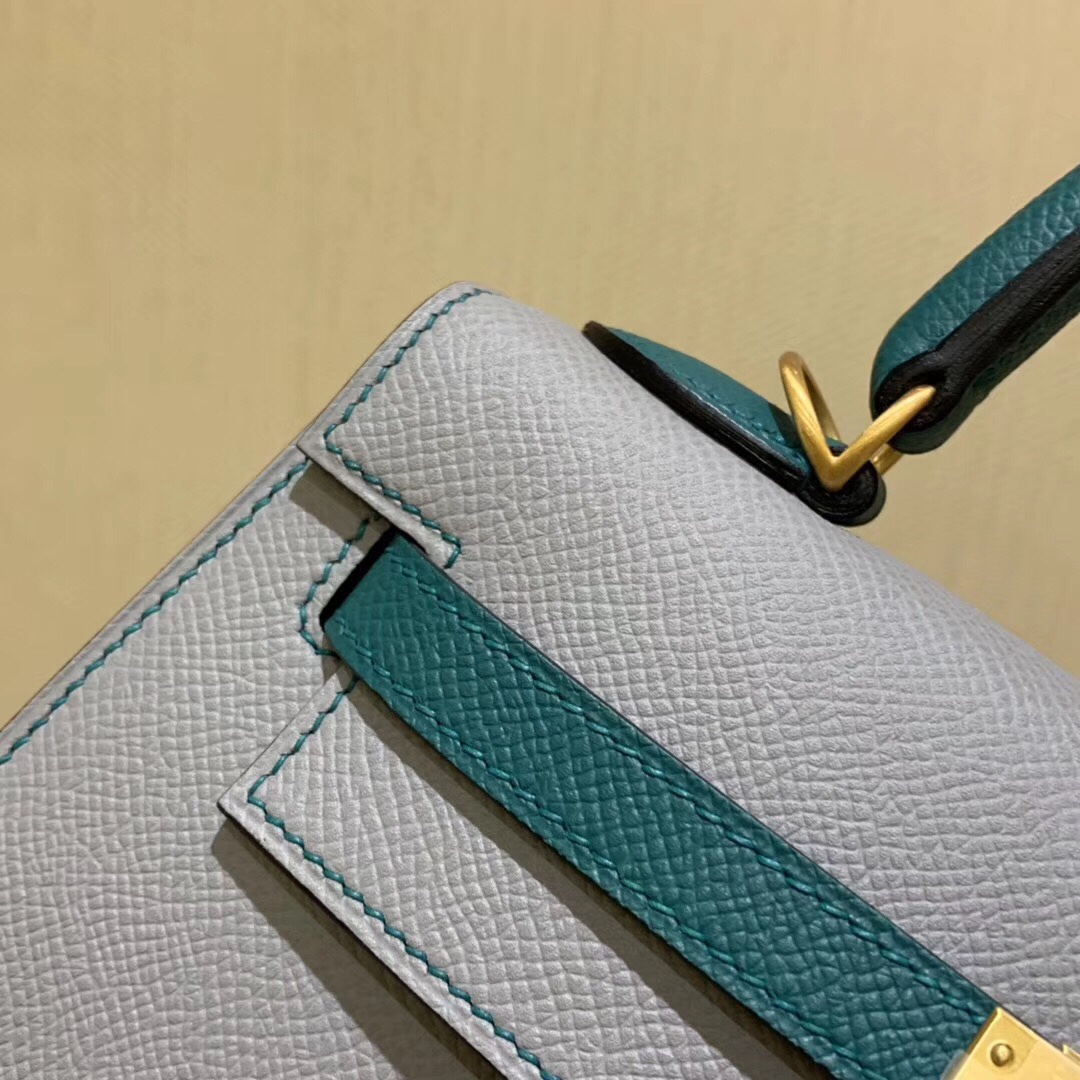 Kelly25cm gold epsom horseshoe print leather seagull gray 4Z with peacock green Z6