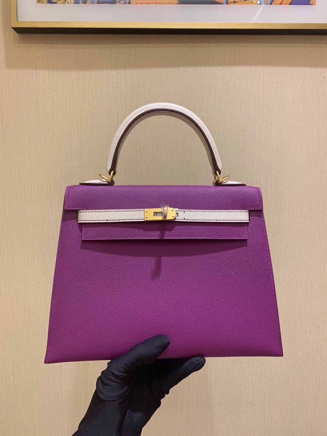 Kelly25cm brushed hardware epsom horseshoe print leather P9 sea anemone purple with ck10 milkshake white