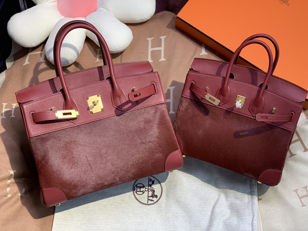 birkin30/25 burgundy imported fetal cow hair spelling swift all handmade gold buckle