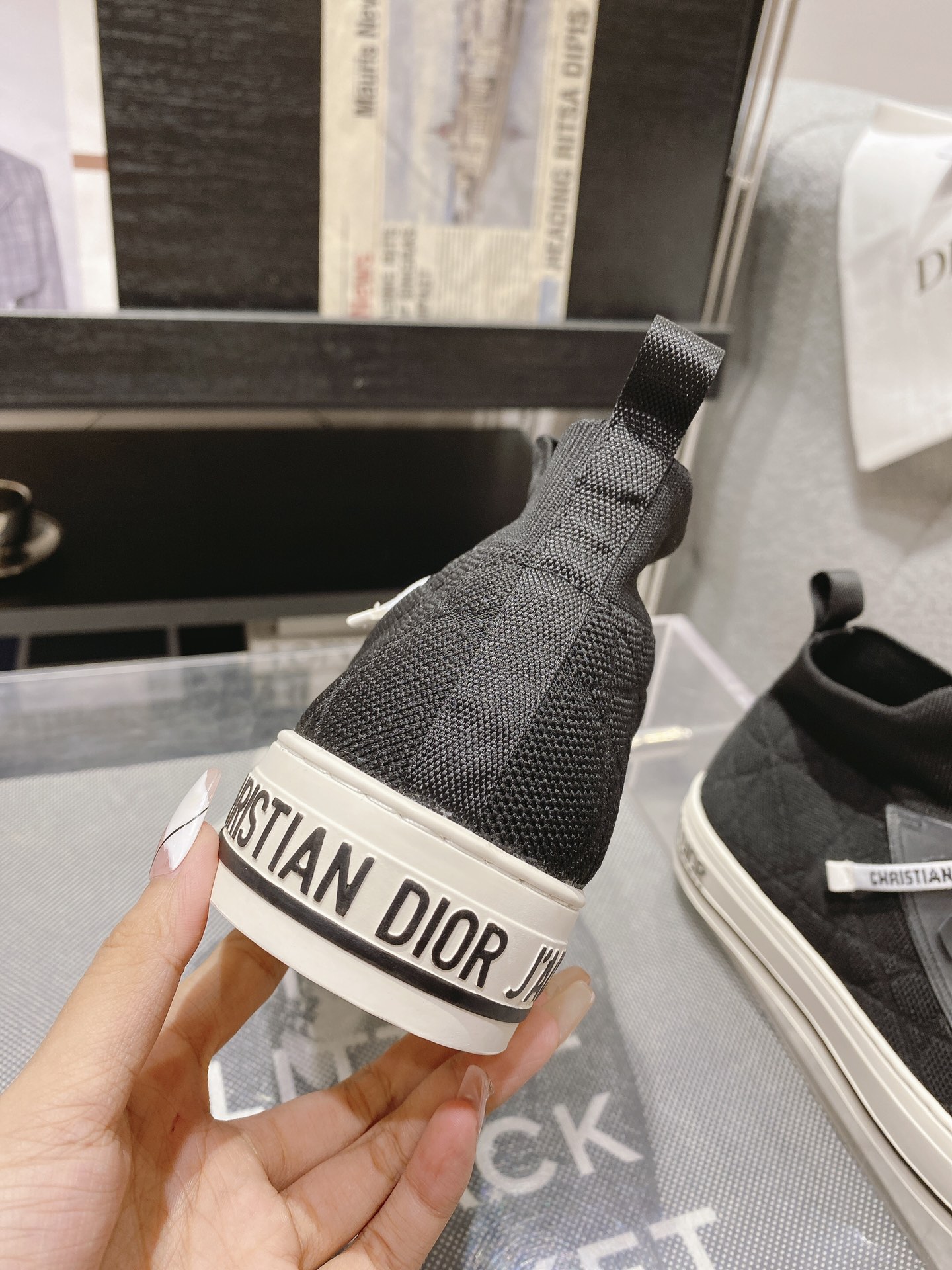 DIOR rattan plaid casual high top shoes fashion board shoes women black