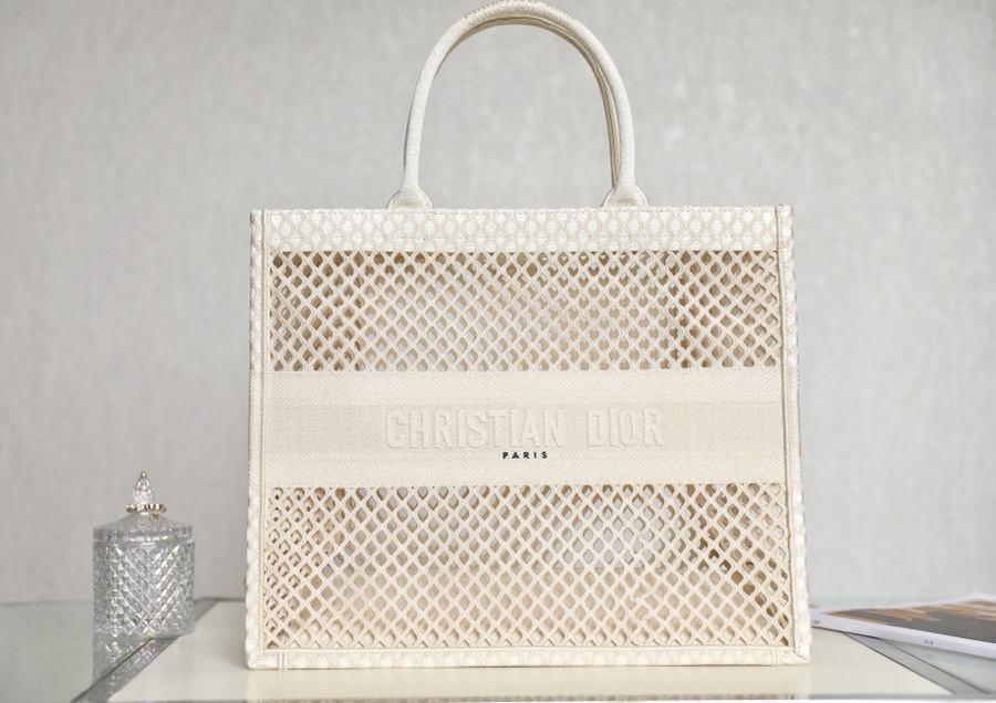 DIOR TOTE beige and white mesh fabric embroidery