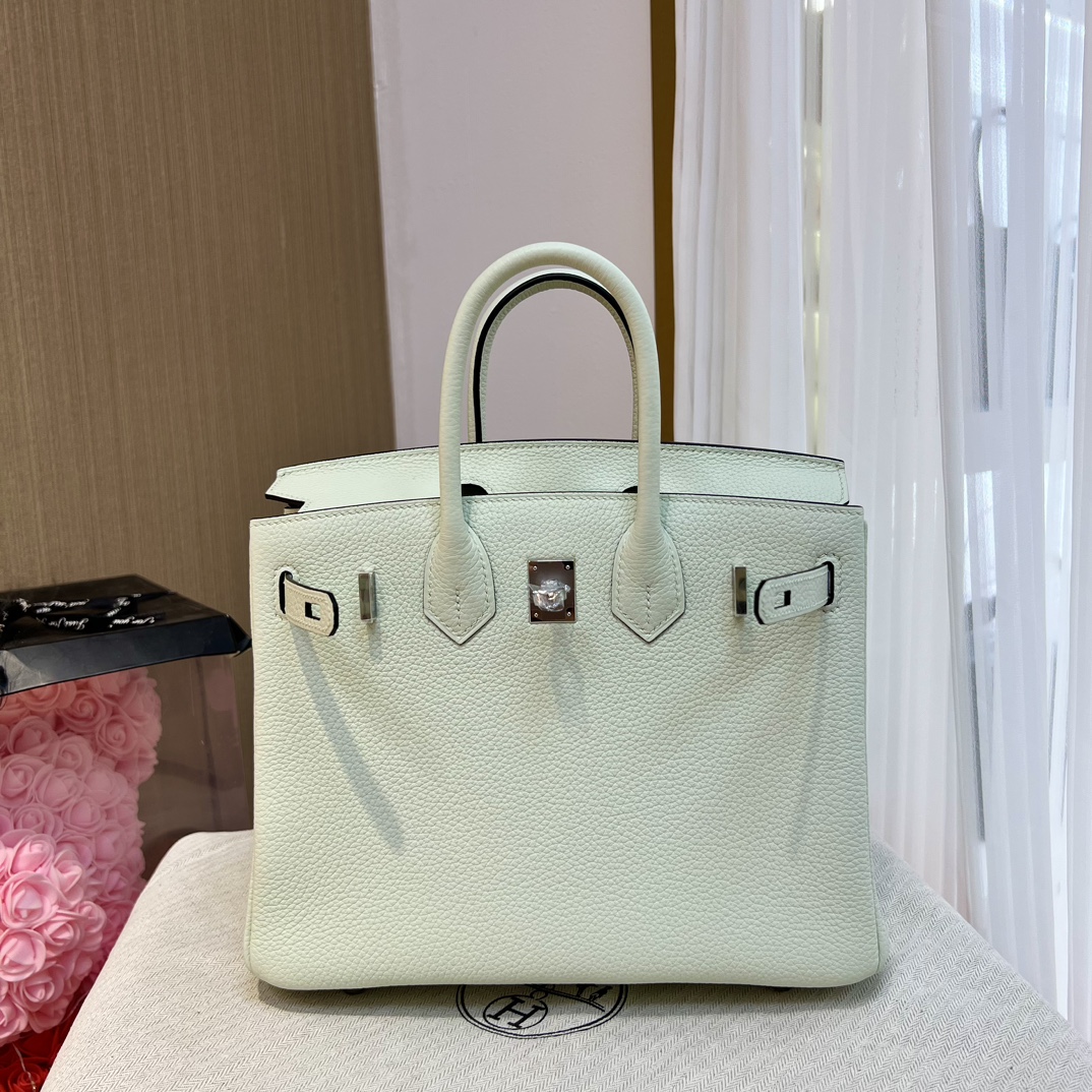 Birkin 25cm original imported Togo calfskin air bubble green silver buckle All handmade beeswax thread stitching