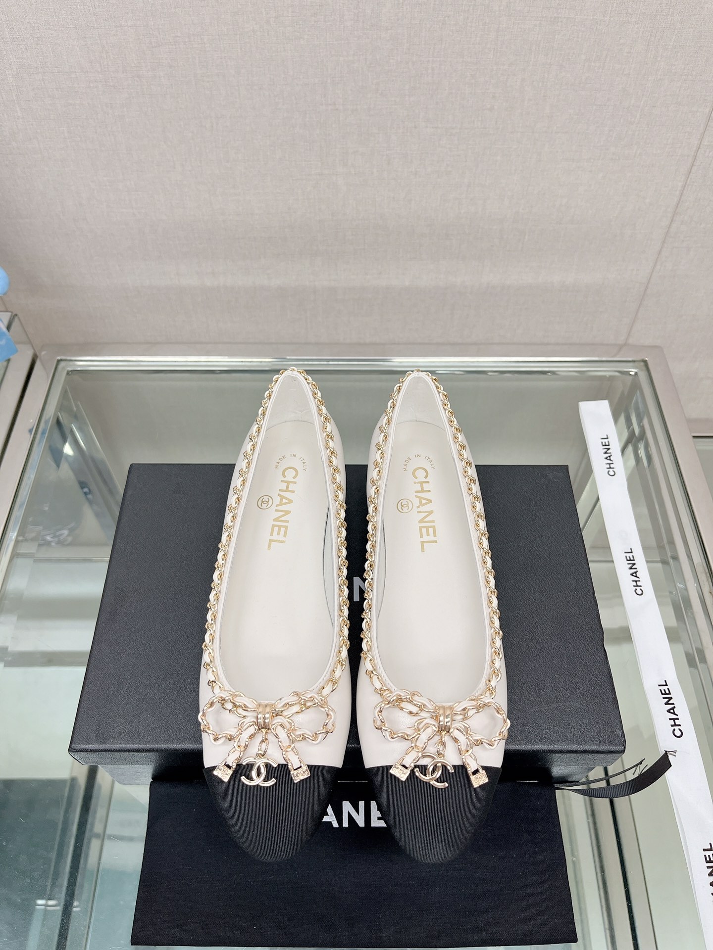 CHANEL 23Ss chain bow flat single shoes imported lambskin sheepskin lining