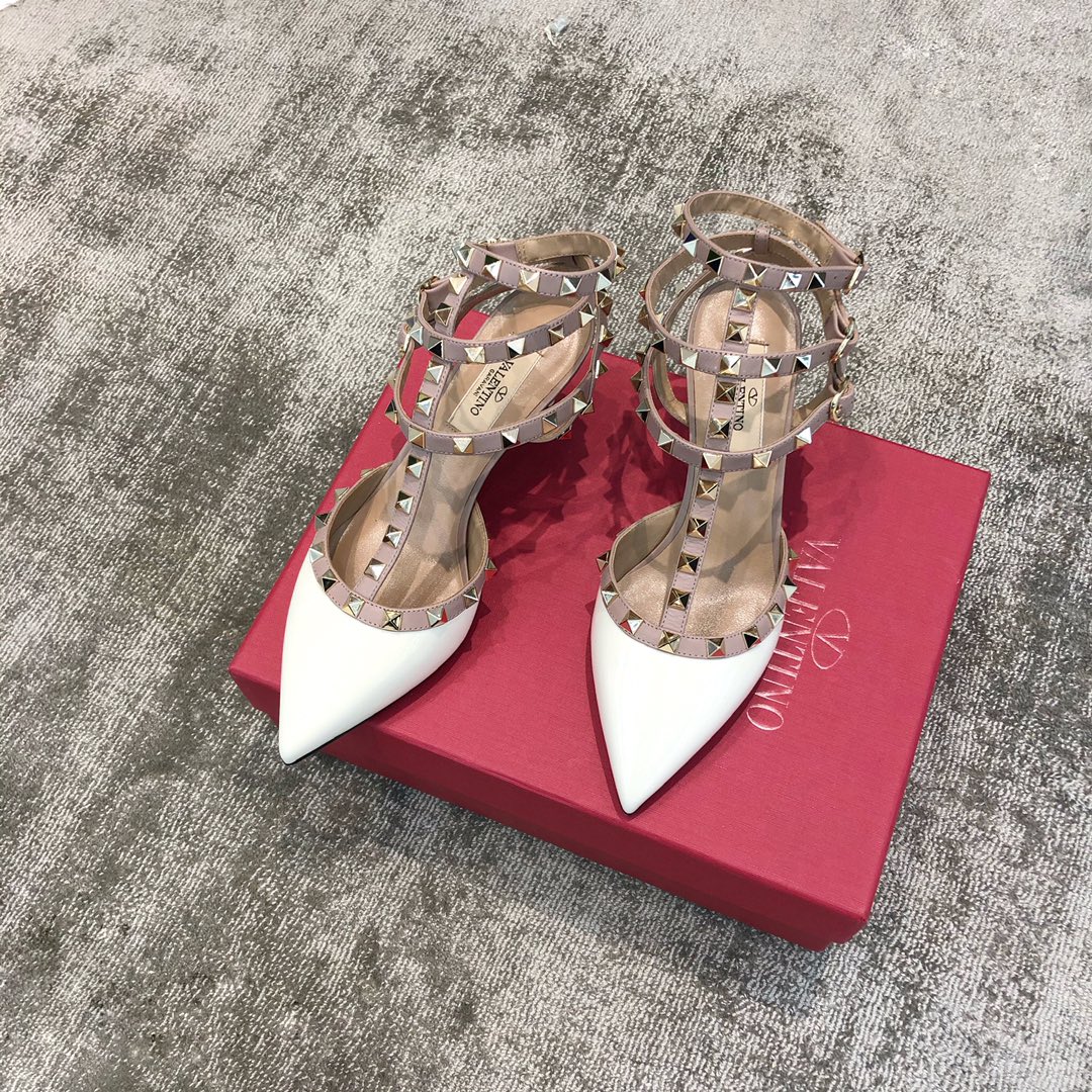 Valentino VT Collection Triple Strap Mid Heel 6.5cm Patent Leather White