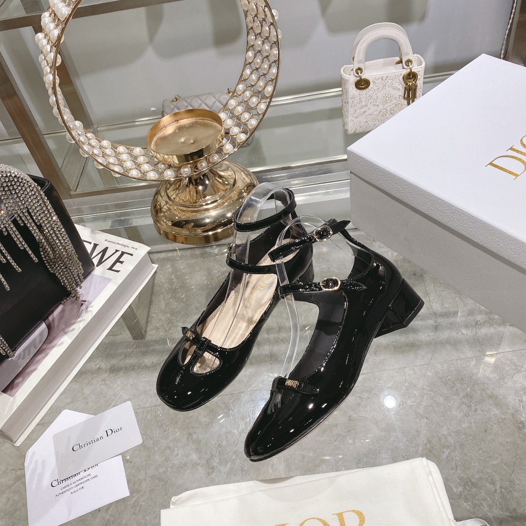 DIOR Retro Fashion Cutout Double Buckle Chunky Heel Mary Jane Shoes 3.5cm Black