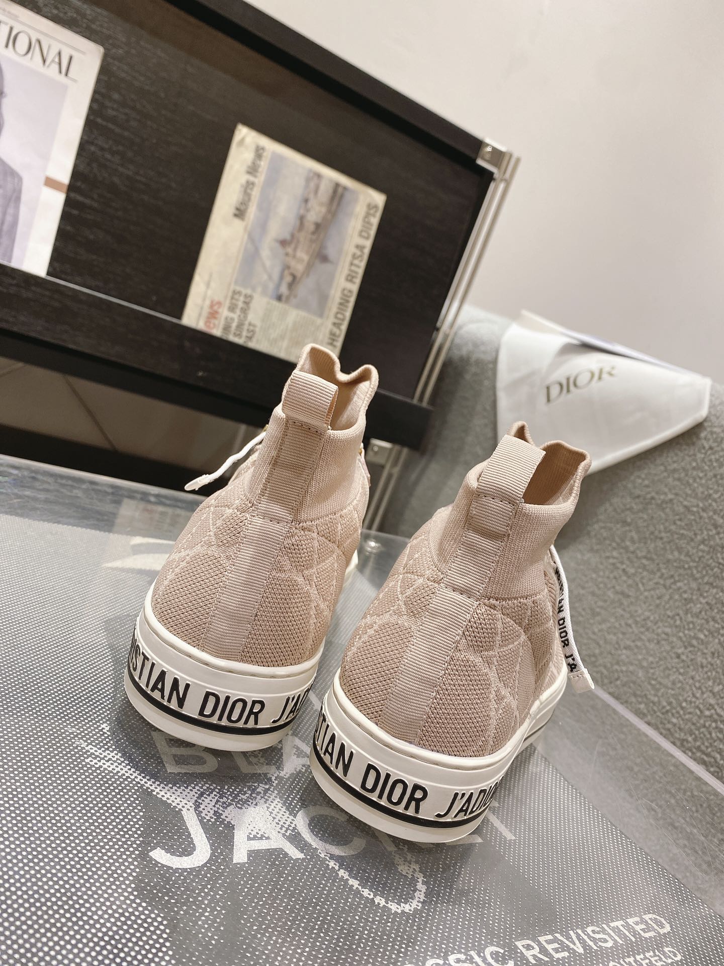 DIOR rattan check casual high top shoes fashion board shoes women nude