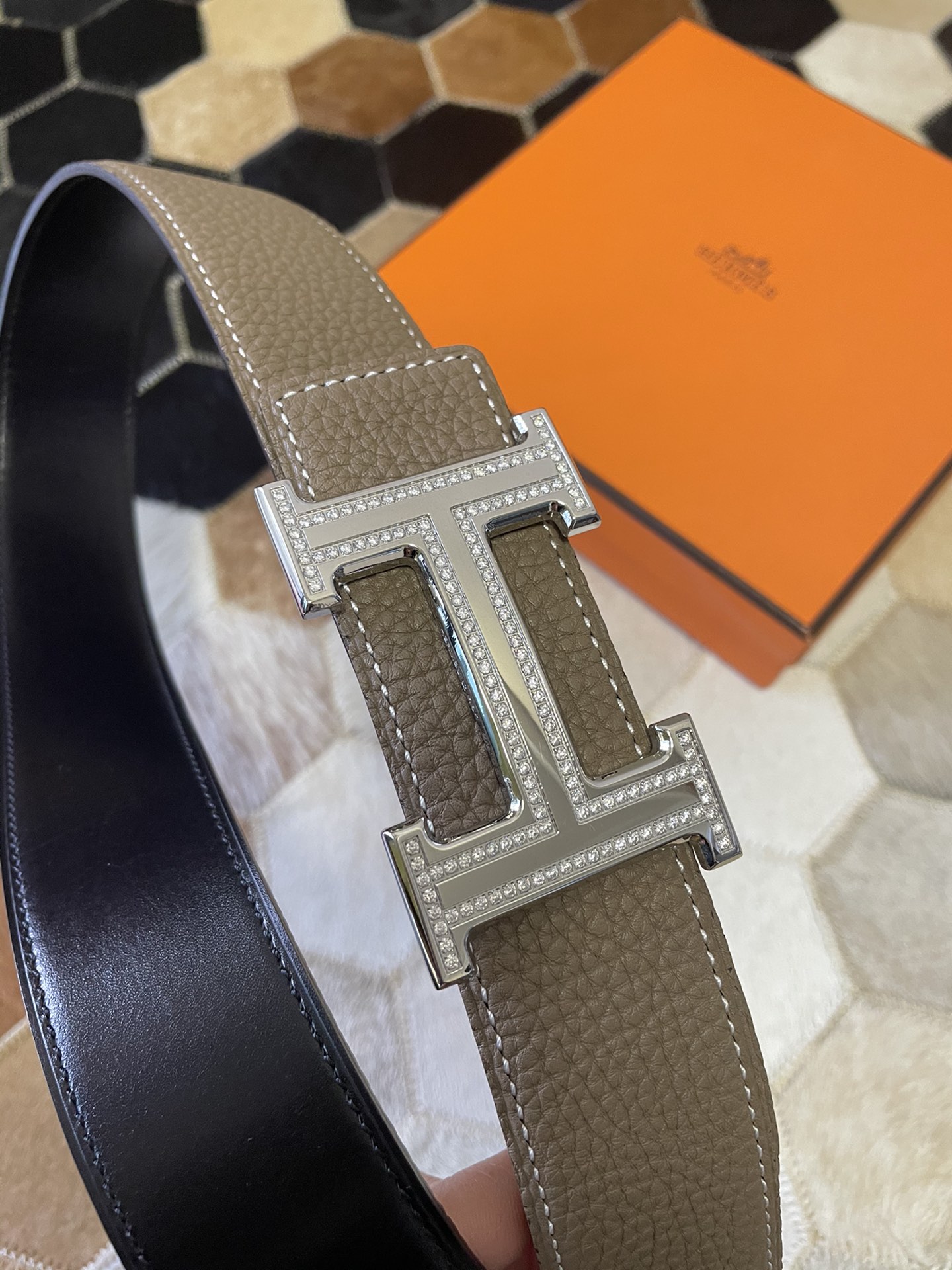 Hermes stainless steel double row diamond hanging buckle