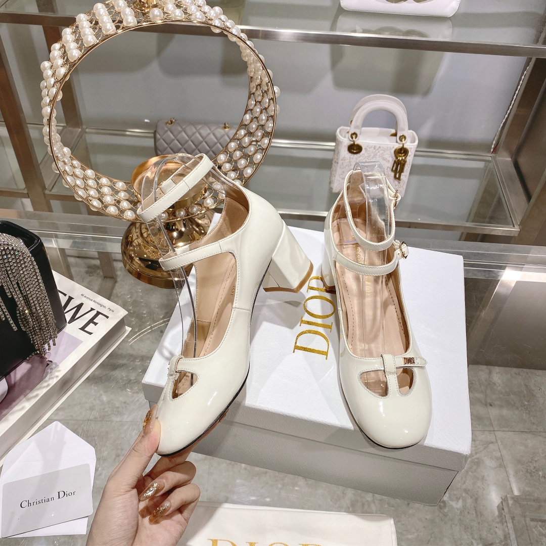 DIOR Retro Fashion Cutout Double Buckle Chunky Heel Mary Janes 6.5cm Beige