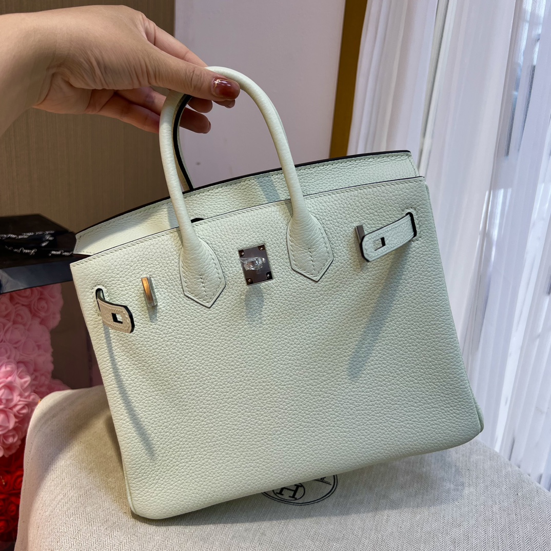 Birkin 25cm original imported Togo calfskin air bubble green silver buckle All handmade beeswax thread stitching